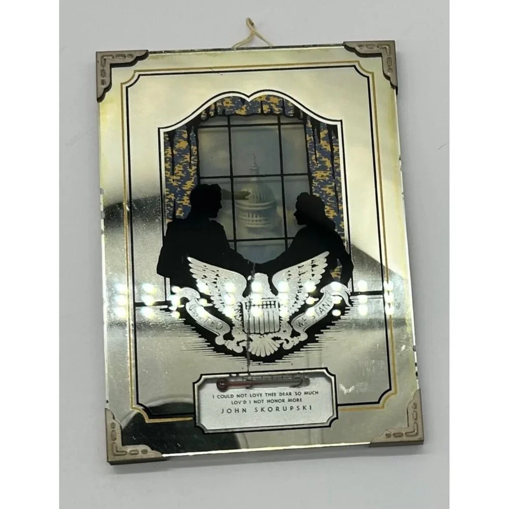 Vintage Silhouette Reverse Painting Couple White House Eagle Thermometer 4 3/4
